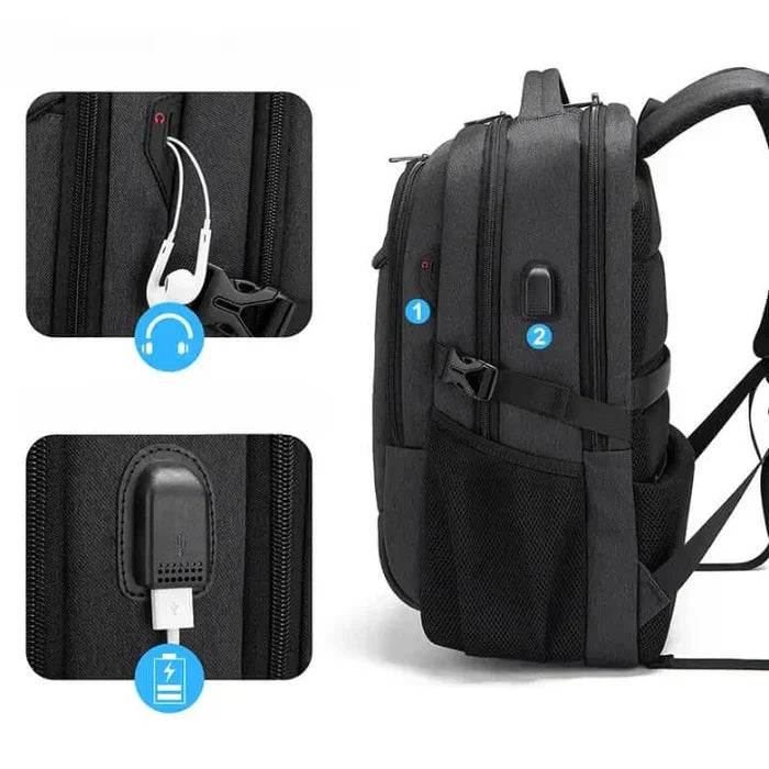 Black Executive Backpack TL084 with USB port, waterproof design, and fits up to 17-inch laptops – ideal for business or travel.