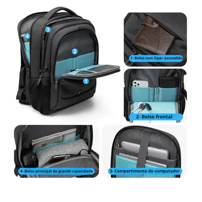 Black Executive Backpack TL084 with USB port, waterproof design, and fits up to 17-inch laptops – ideal for business or travel.
