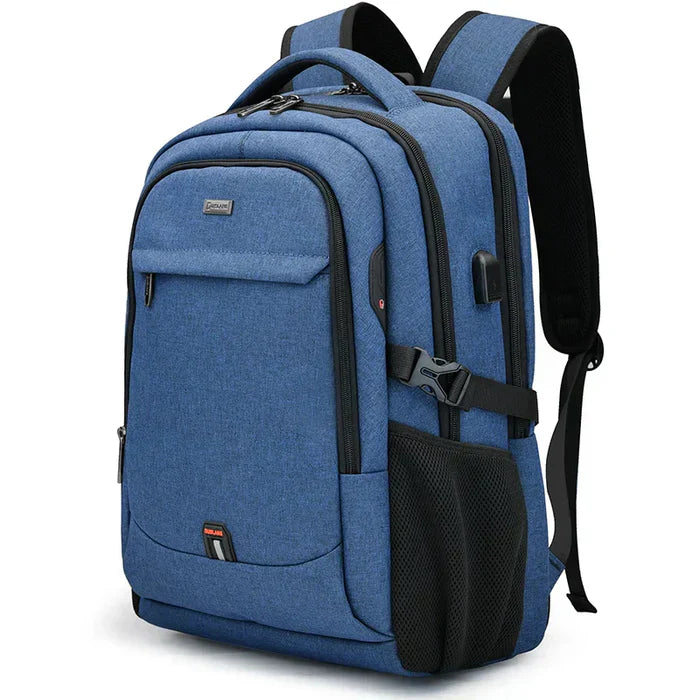 Black Executive Backpack TL084 with USB port, waterproof design, and fits up to 17-inch laptops – ideal for business or travel.